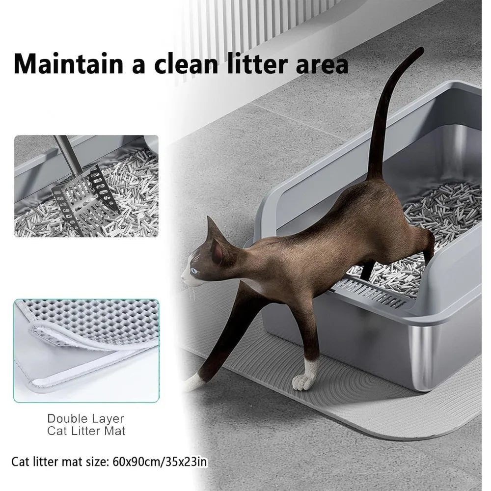 Stainless Steel Litter Boxes with Anti-Leakage Enclosure, Stainless Steel Litter Box Enclosed Include Cat Mat and Litter Scoop