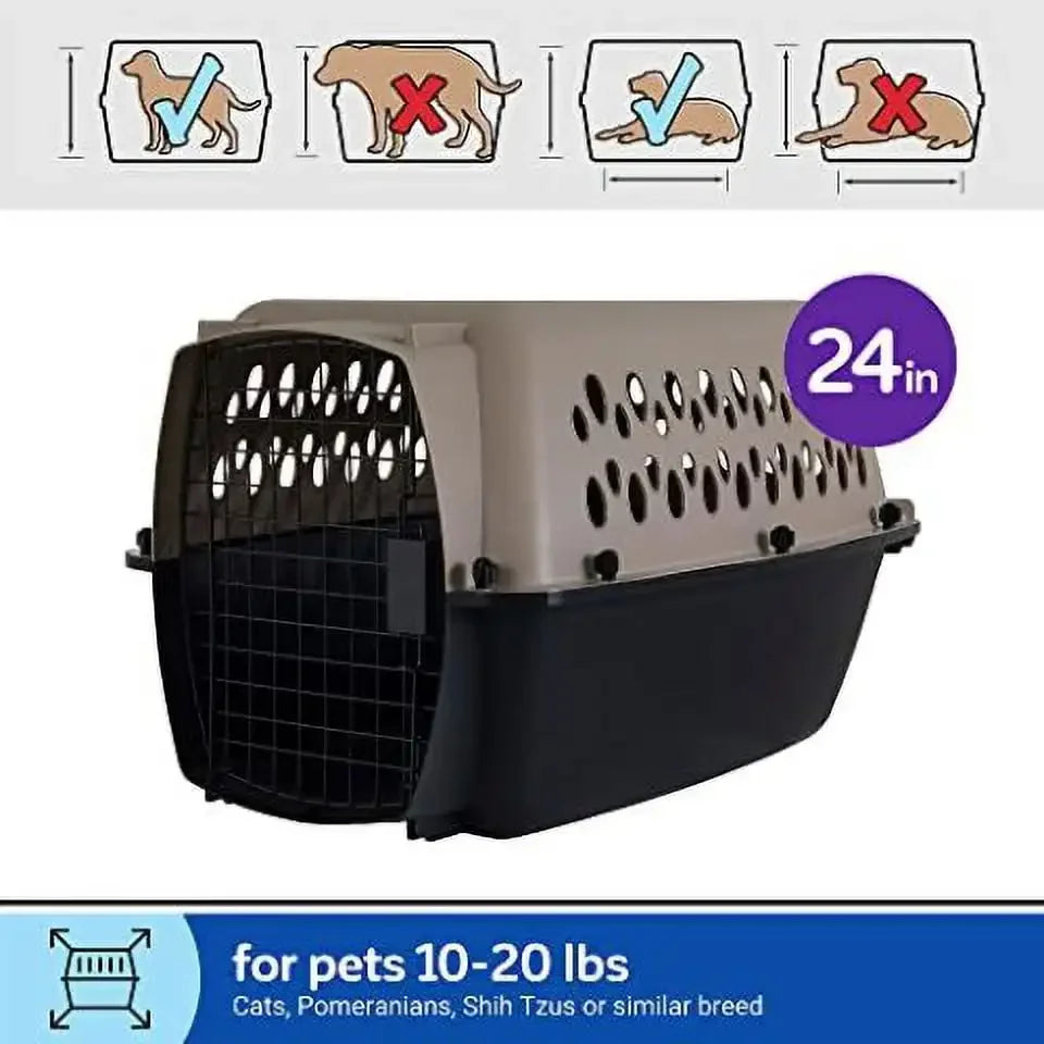 Dog Kennel Plastic Portable Travel Crate Airline Friendly Pet Carrier, Small 24" for Pets 10-20 lbs, Taupe/Black