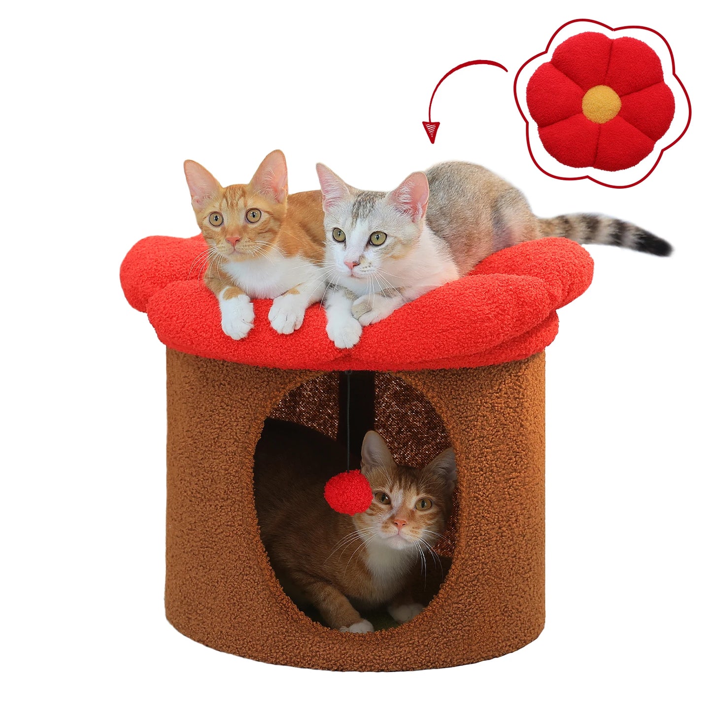 Double-Deck Cat House with Pompom Ball, Large Cat Condo, Cat Bed with Soft Flower Perch, Spacious Cozy Condo for Multi Cats