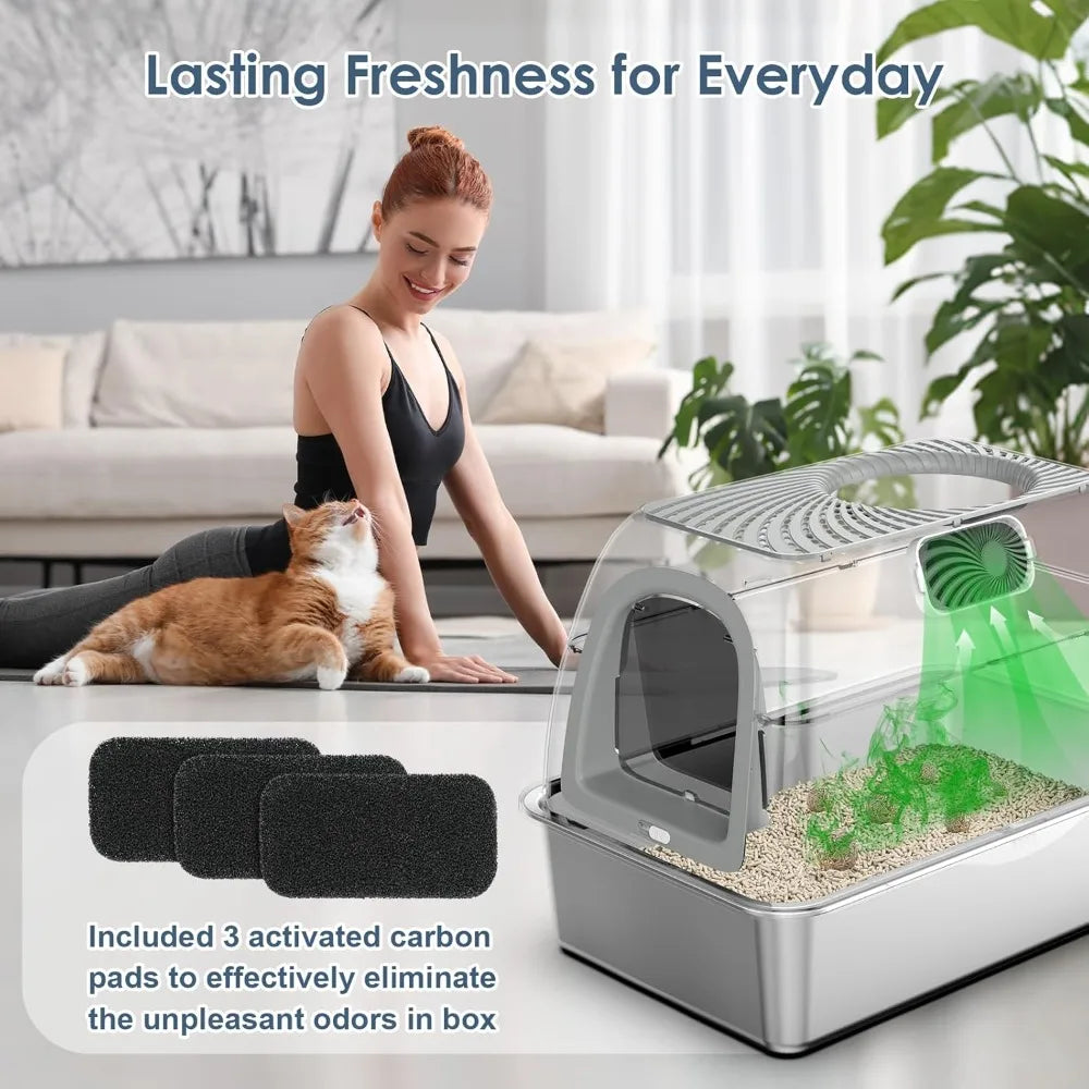 Upgraded Stainless Steel Top Entry Litter Box with Dog-Proof, Hooded Stainless Steel Litter Box with Filter Lid