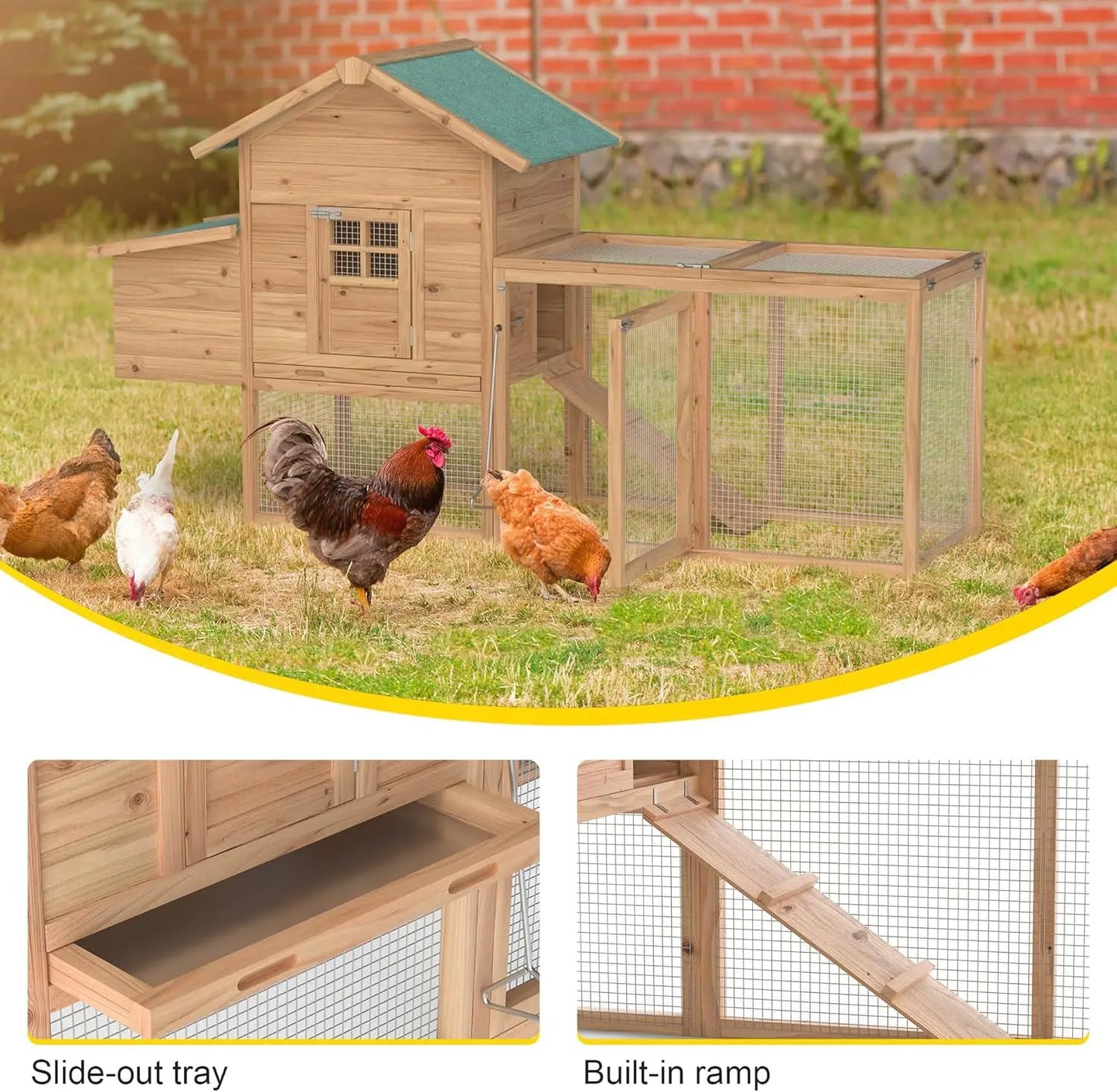 Outdoor Chicken Coop Wooden Hen House Poultry Pet Hutch Run Cage w/Waterproof Asphalt Roof, Ramp, Nesting BoxWire Fence (120")