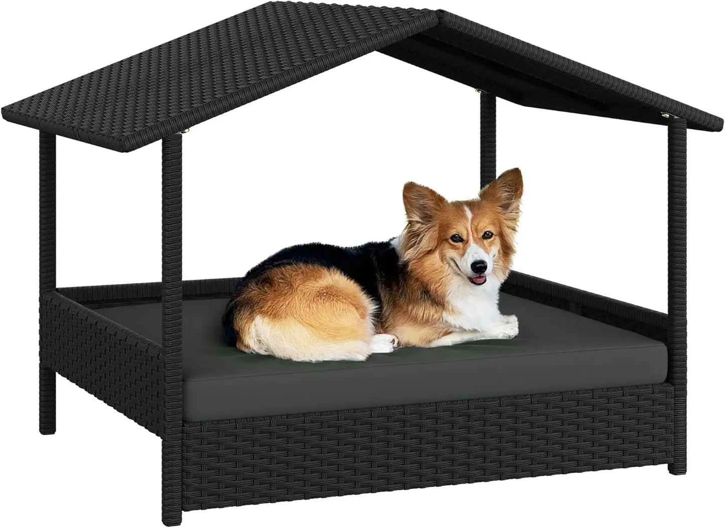 Wicker Dog House Outdoor Indoor with Canopy,Elevated Dog Shelter Dog Bed with Cushion for Small/Medium Dogs,Shade for Deck,Patio