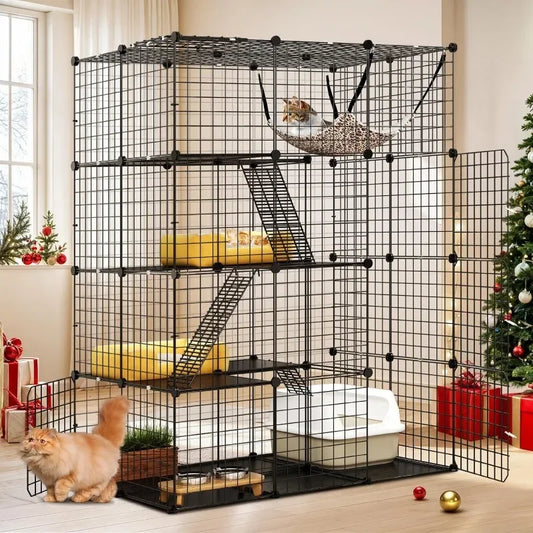4-Tier Indoor Cat Enclosure with Hammock - Large Metal Wire Playpen Kennel for 1-3 Cats