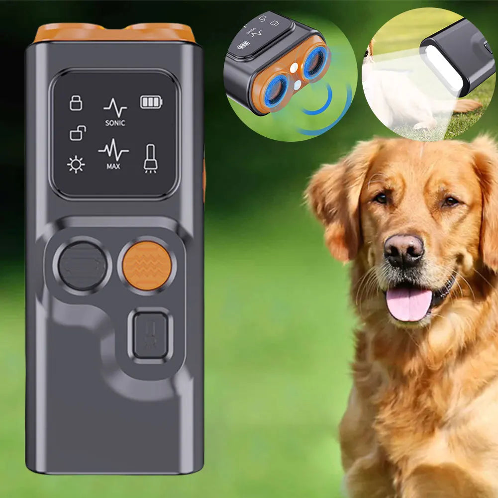 Rechargeable Sonic Anti Dog Bark Deterrent Device with Dual Ultrasonic Emitter LED Flashlight Shock Bark Collar Alternative
