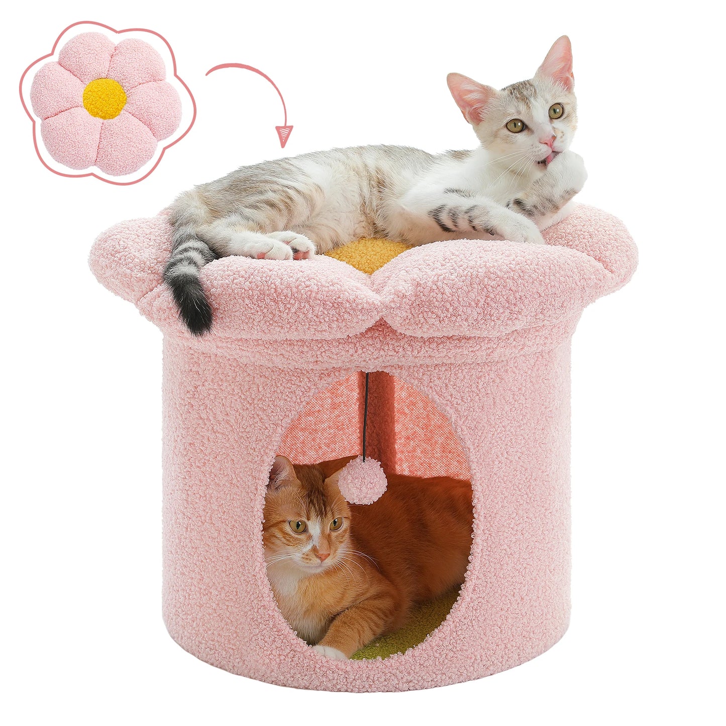 Double-Deck Cat House with Pompom Ball, Large Cat Condo, Cat Bed with Soft Flower Perch, Spacious Cozy Condo for Multi Cats