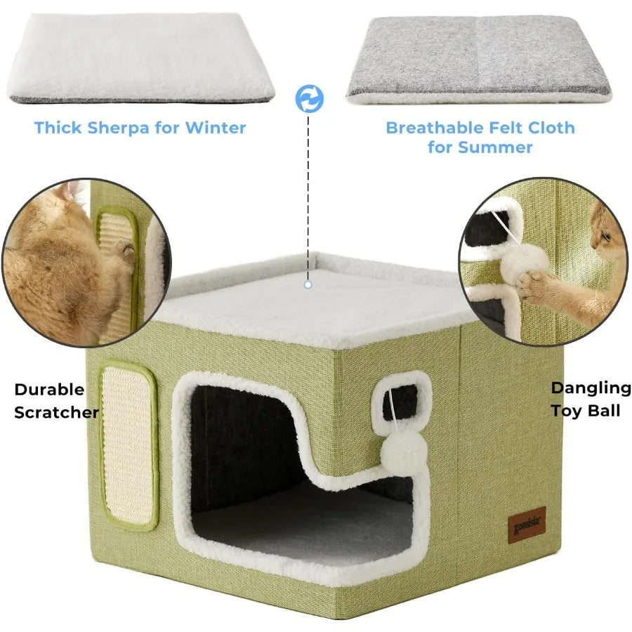 Cat Beds for Indoor Cats Large Cat House for Pet with Fluffy Ball Hanging and Scratch Pad Foldable Cat Hideaway 16.5x16.5x13 in