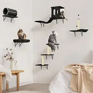 7-in-1 Wall Mounted Cat Climber Set, Cat Furniture Set with House, Bridge, Tree, Steps, Scratcher, DIY Playground, Shelves for