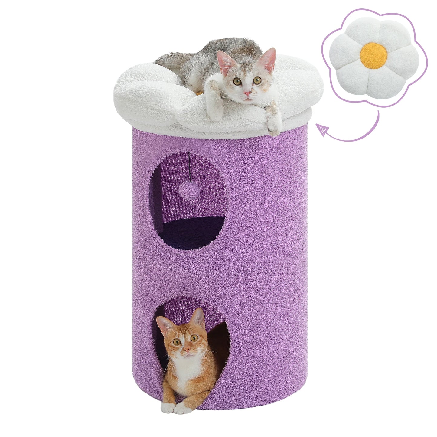 Double-Deck Cat House with Pompom Ball, Large Cat Condo, Cat Bed with Soft Flower Perch, Spacious Cozy Condo for Multi Cats