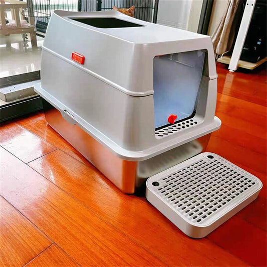 4-Style Stainless Steel Cat Litter Box with Lid Large Kitty Litter Box Enclosed with High Sided Enclosure Scoop Non-Sticky