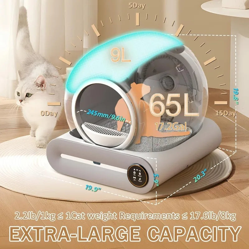 Self Cleaning Litter Box, Automatic Cat Litter Box Self Cleaning for Multiple Cats, 65L+9L Robot, 3 Rolls Grabage Bags, Nega