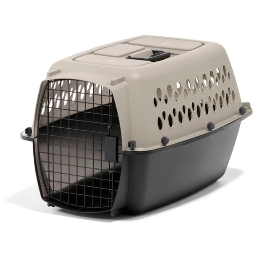 Dog Kennel Plastic Portable Travel Crate Airline Friendly Pet Carrier, Small 24" for Pets 10-20 lbs, Taupe/Black
