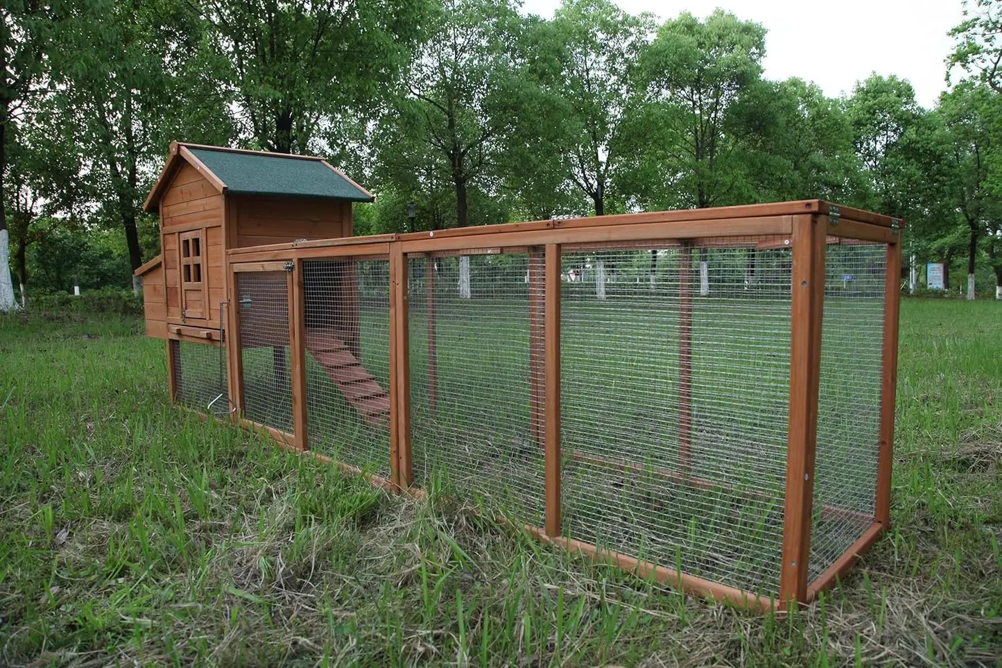 Outdoor Chicken Coop Wooden Hen House Poultry Pet Hutch Run Cage w/Waterproof Asphalt Roof, Ramp, Nesting BoxWire Fence (120")