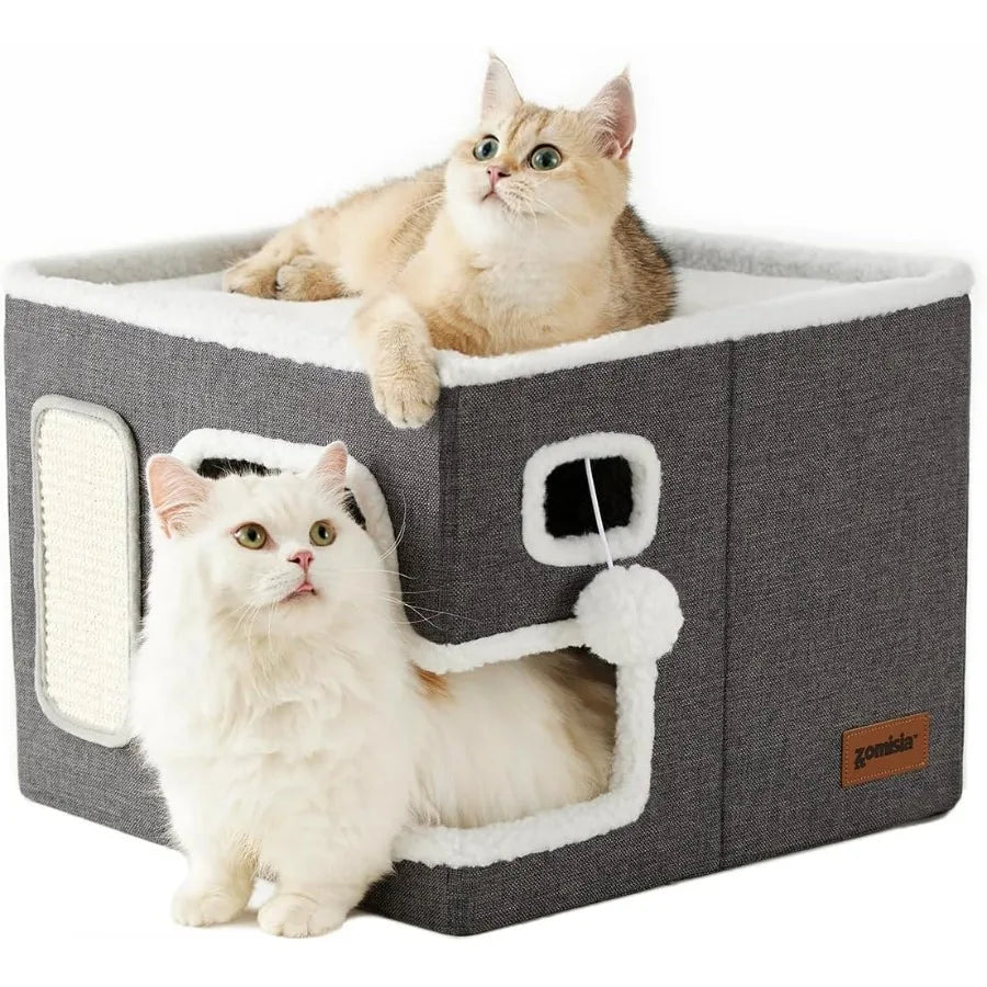 Cat Beds for Indoor Cats Large Cat House for Pet with Fluffy Ball Hanging and Scratch Pad Foldable Cat Hideaway 16.5x16.5x13 in