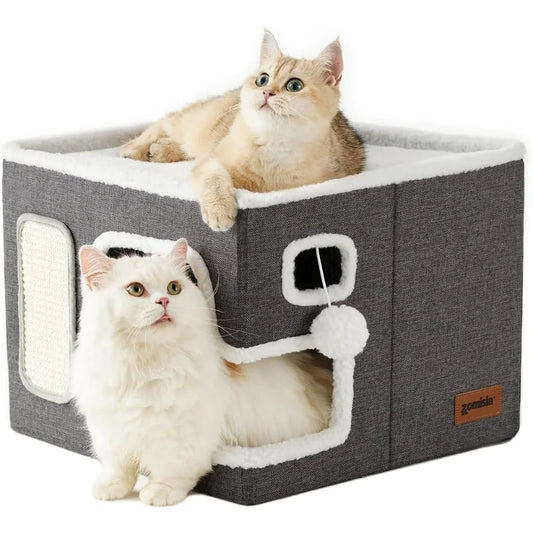 Cat Beds for Indoor Cats Large Cat House for Pet with Fluffy Ball Hanging and Scratch Pad Foldable Cat Hideaway 16.5x16.5x13 in