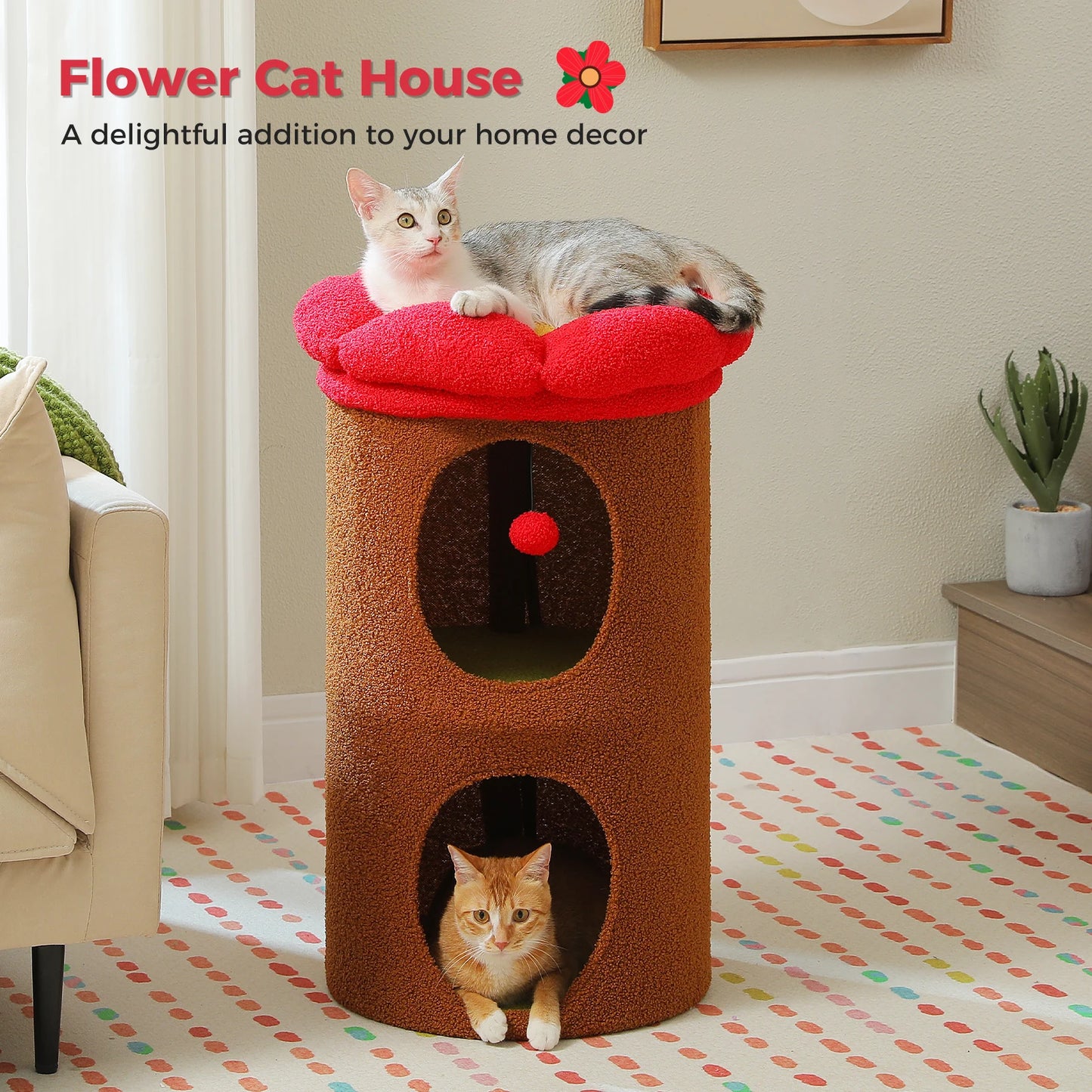 Double-Deck Cat House with Pompom Ball, Large Cat Condo, Cat Bed with Soft Flower Perch, Spacious Cozy Condo for Multi Cats