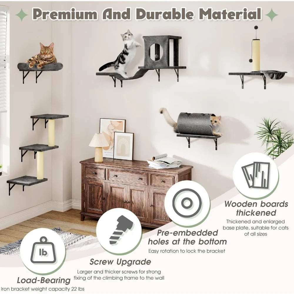 7-in-1 Wall Mounted Cat Climber Set, Cat Furniture Set with House, Bridge, Tree, Steps, Scratcher, DIY Playground, Shelves for