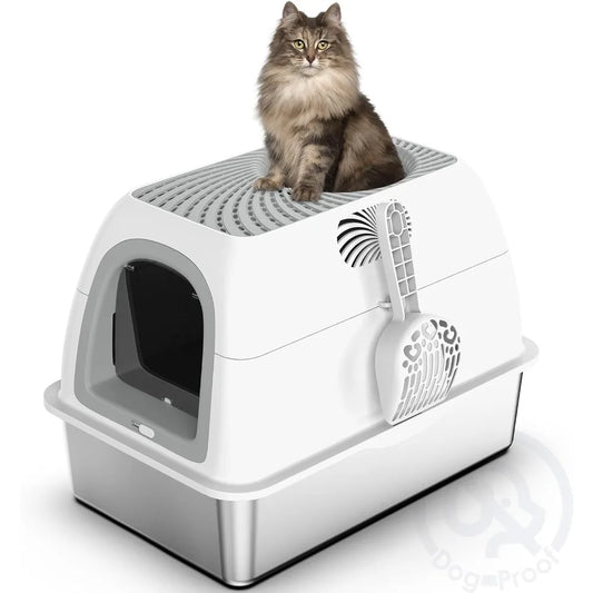 Upgraded Stainless Steel Top Entry Litter Box with Dog-Proof, Hooded Stainless Steel Litter Box with Filter Lid