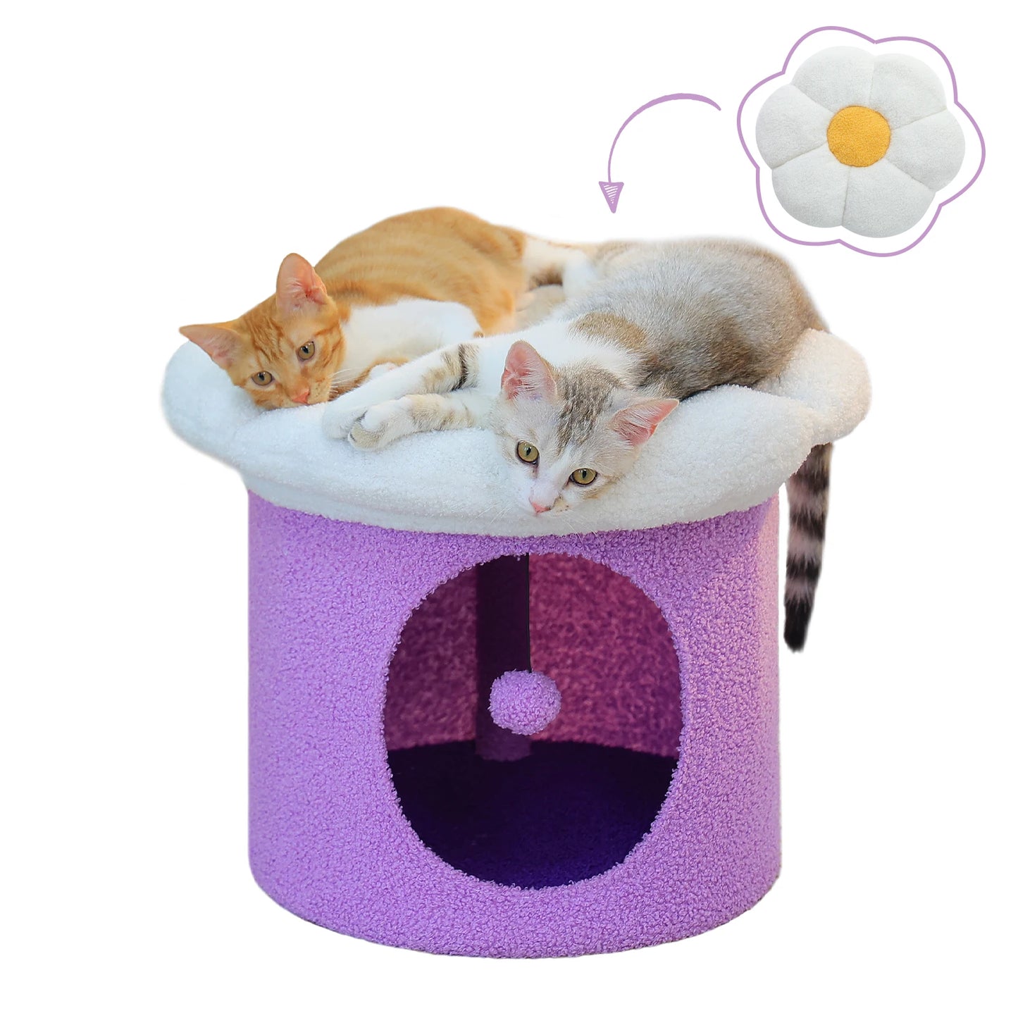 Double-Deck Cat House with Pompom Ball, Large Cat Condo, Cat Bed with Soft Flower Perch, Spacious Cozy Condo for Multi Cats