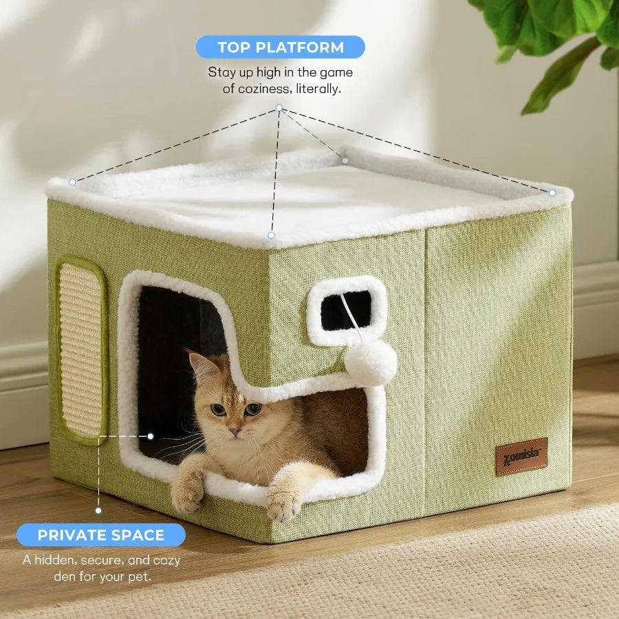 Cat Beds for Indoor Cats Large Cat House for Pet with Fluffy Ball Hanging and Scratch Pad Foldable Cat Hideaway 16.5x16.5x13 in