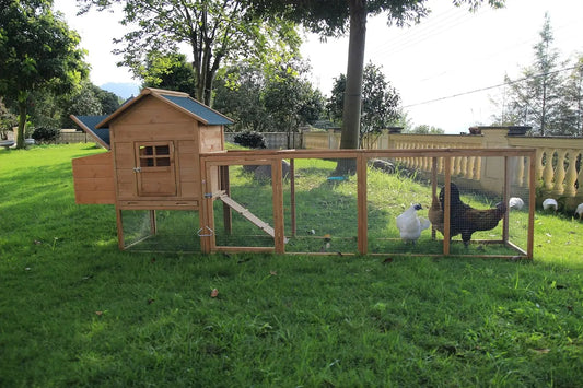 Outdoor Chicken Coop Wooden Hen House Poultry Pet Hutch Run Cage w/Waterproof Asphalt Roof, Ramp, Nesting BoxWire Fence (120")