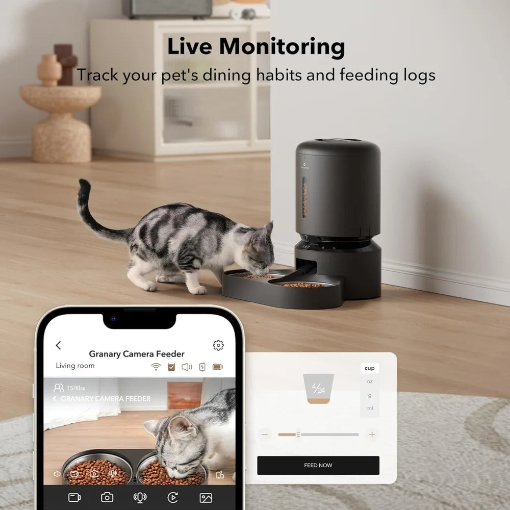 Automatic Cat Feeder with Camera for Two Cats,1080P HD Video with Night Vision, 5G WiFi Pet Feeder with 2-Way Audio,Sound Alerts