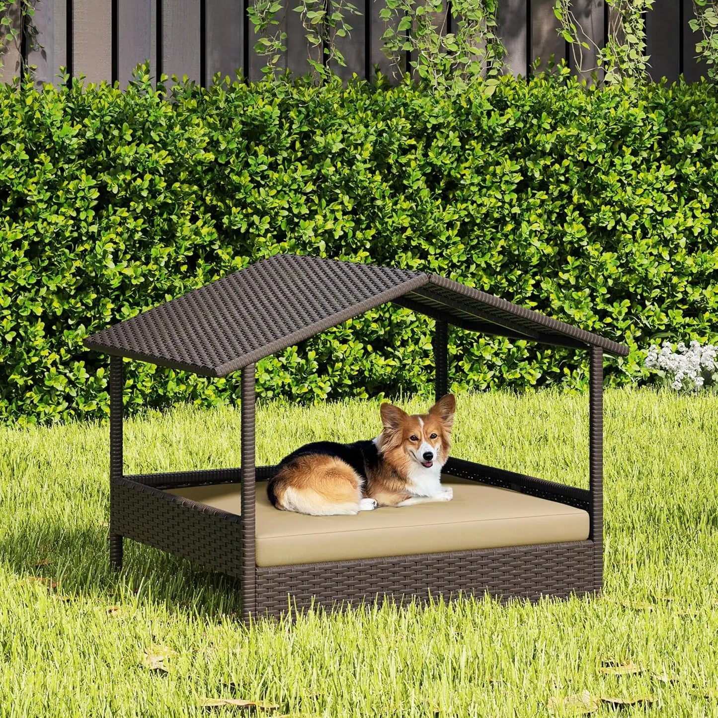 Wicker Dog House Outdoor Indoor with Canopy,Elevated Dog Shelter Dog Bed with Cushion for Small/Medium Dogs,Shade for Deck,Patio