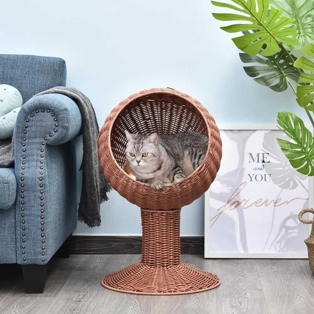 Elevated Cat Bed with Rotatable Egg Chair Pod, Cat Basket Bed with Thick Cushion, Natural Mat Grass Woven Kitty House