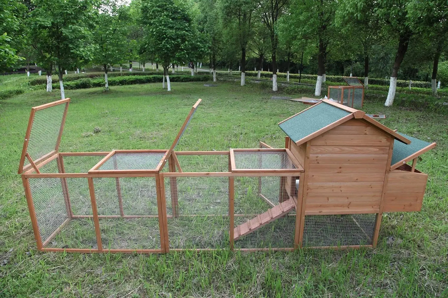 Outdoor Chicken Coop Wooden Hen House Poultry Pet Hutch Run Cage w/Waterproof Asphalt Roof, Ramp, Nesting BoxWire Fence (120")