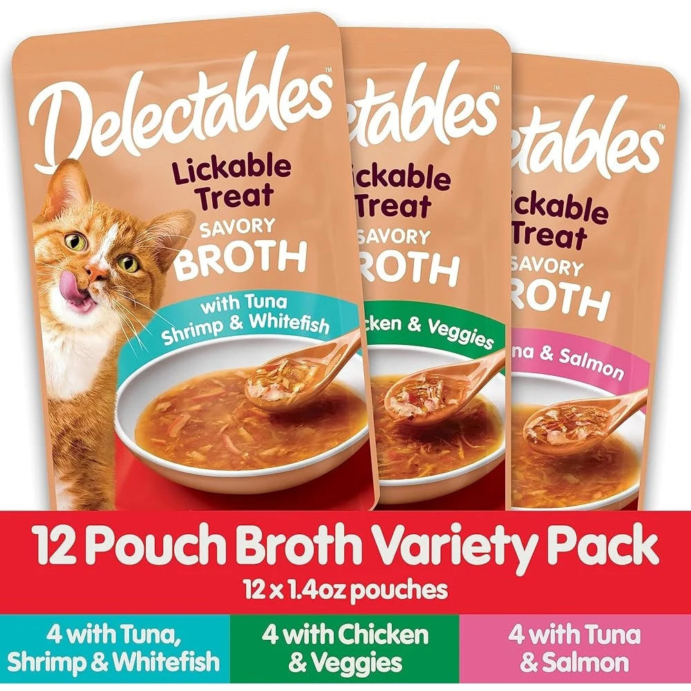 Savory Broths Lickable Cat Treat Variety Pack Grain Free Meat Seafood Broth 12 Pouches Quick Snack Topper Sensitive Stomach