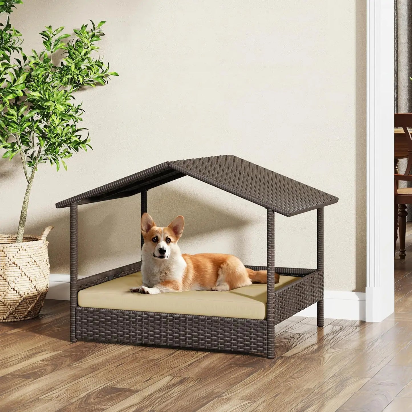 Wicker Dog House Outdoor Indoor with Canopy,Elevated Dog Shelter Dog Bed with Cushion for Small/Medium Dogs,Shade for Deck,Patio