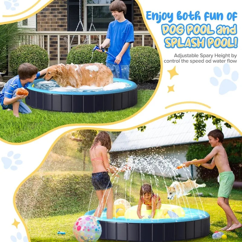 Dog Pool for Large Dogs, 63" Foldable Pet Wading Pool with Splash Sprinkler, Outdoor Summer Bathtub Heavy Duty for Puppy,