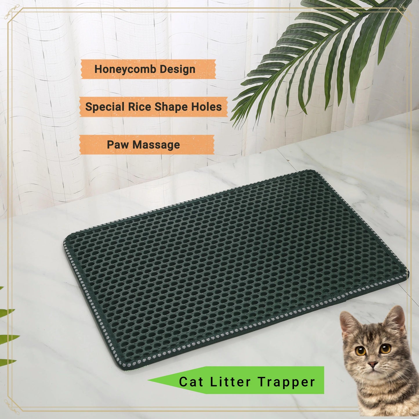 Cat Litter Mat - Double Layer MiLi Shape Scratching, Waterproof & Easy Clean, 21x14, Green - Scatter Control