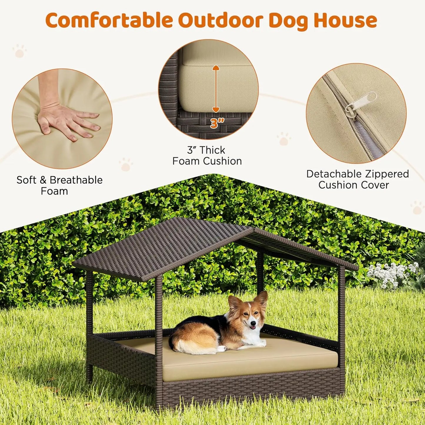 Wicker Dog House Outdoor Indoor with Canopy,Elevated Dog Shelter Dog Bed with Cushion for Small/Medium Dogs,Shade for Deck,Patio