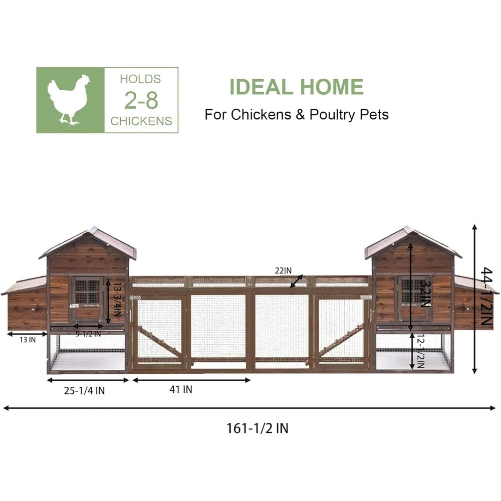 Large Wooden Chicken Coop, 160IN Outdoor Chicken Cages and Run with Nesting Boxes for 2-8 Chickens, Hen Run Poultry Pet House Ra