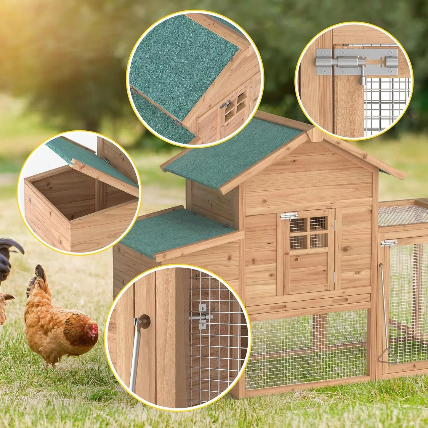 Outdoor Chicken Coop Wooden Hen House Poultry Pet Hutch Run Cage w/Waterproof Asphalt Roof, Ramp, Nesting BoxWire Fence (120")