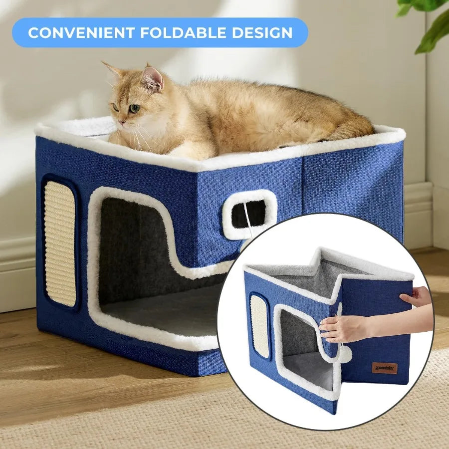 Cat Beds for Indoor Cats Large Cat House for Pet with Fluffy Ball Hanging and Scratch Pad Foldable Cat Hideaway 16.5x16.5x13 in