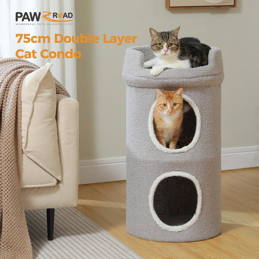 Double-Deck Cat House with Pompom Ball, Large Cat Condo, Cat Bed with Soft Flower Perch, Spacious Cozy Condo for Multi Cats